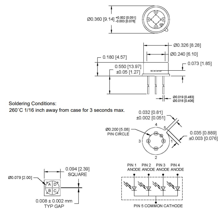 Mechanical Drawing - Advanced Photonix APX-NG0031QPD/-L InGaAs Photodiodes
